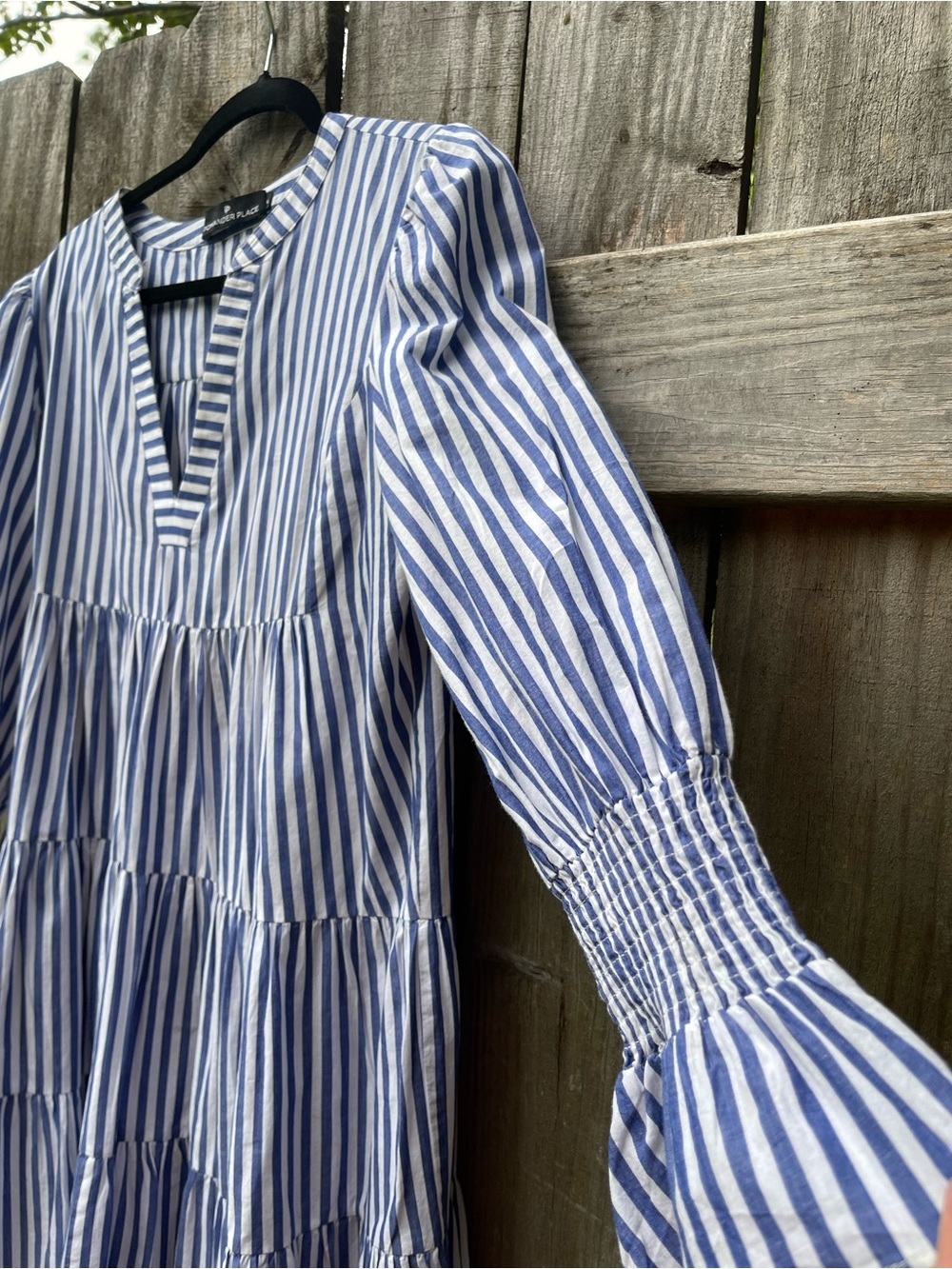 Pomander Place Navy and White Striped Tiered Long Sleeve Dress - Picture 4 of 11